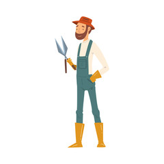 Man Gardener with Garden Shear, Cheerful Male Farmer Character in veralls Working at Garden or Farm Vector Illustration