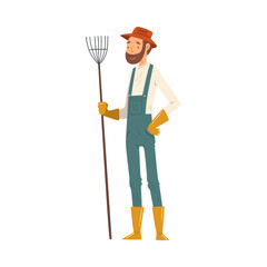 Man Gardener Standing with Rake, Cheerful Male Farmer Character in veralls Working at Garden or Farm Vector Illustration