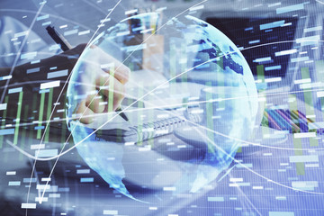 International business hud over woman's hands writing background. Concept of hard work. Double...