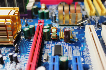 Closeup of electronic circuit board or PCB printed circuit board