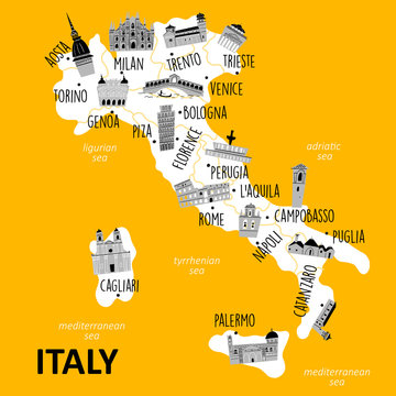 Stylized map of Italy with main attractions and landmarks. Vector illustration.