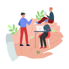 Office Employees Working on Giant Hands, Office Staff Care, Support, Professional Growth, Personnel Perks and Benefits Vector Illustration