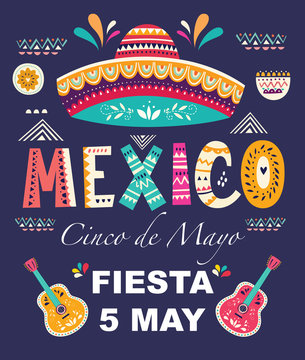 Beautiful vector illustration with design  for Mexican holiday 5 may Cinco De Mayo. Vector template with traditional Mexican symbols: Mexican sombrero, Mexican guitars
