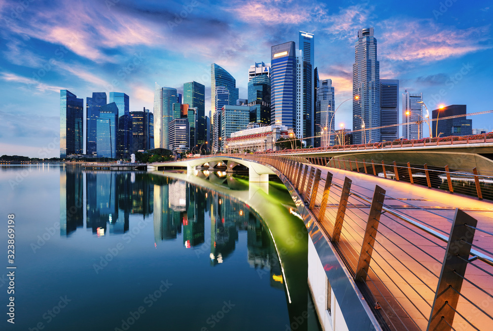 Canvas Prints Singapore city skyline at sunset  with bridge