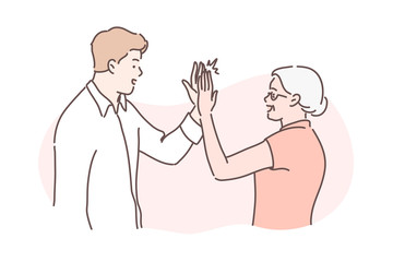 Old and young age, congratulation concept. Old grandmother congratulates her grandson businessman. Illustration of family friendship. Old and young age team communication in cartoon style.