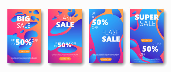 Sale banner set dynamic fluid liquid shape. Up to 50% discount Super Sale Banner Template. Web Design Mobile Template Sale Banner Fluid Shape