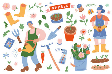 Gardening scene creator. Vector illustrations of people in garden with tools, plants, equipment and supplies, cute hand drawn cartoon, woman and man working in garden, spring flowers, vector clip art