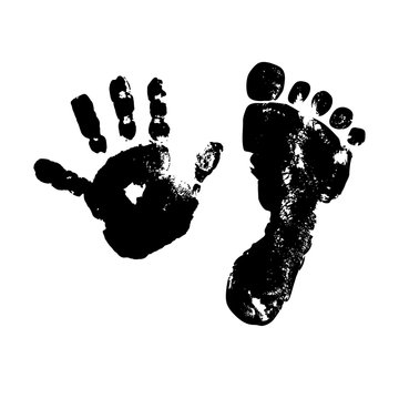 Imprint baby palm and foot. Black isolated silhouette on a white background. Painting. Drawing.