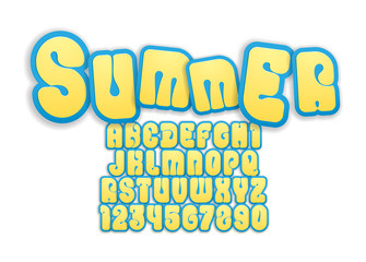 Yellow funny font, bright bold alphabet in the cartoon style, playful rounded letters from A to Z and numbers from 0 to 9 for you designs: logo, t-shirt, kids card, poster, vector illustration 10EPS