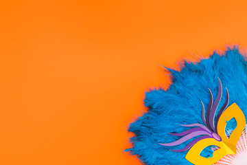 Obraz premium Flat lay of mask on feathers fan with copy space