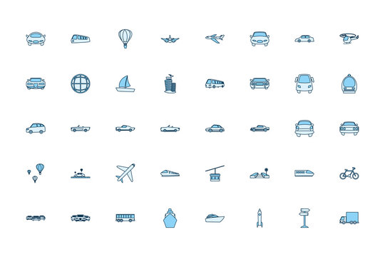 Isolated transportation vehicles line style icon set vector design