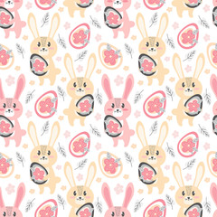 Seamless pattern Cute Bunnies with Easter egg and flowers. Festive spring background in Scandinavian hand drawn style. Cartoon character little rabbit. Design for textiles, packaging paper, fabric.