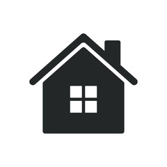 Home icon. House symbol with window. Simple flat shape building sign. Property and estate logo. Black silhouette isolated on white background. Vector illustration image.