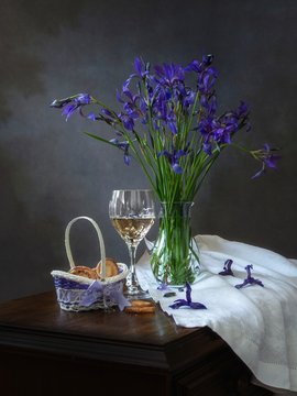 Still life with bouquet of wild irises