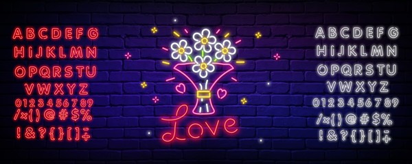 Valentine's day set neon logo. I love. Love logo with a bouquet of flowers. Neon sign, isolated sticker, bright sign, light banner with alphabet set.