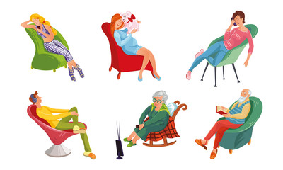 Obraz na płótnie Canvas People relaxing and enjoying rest sitting in armchairs vector illustration
