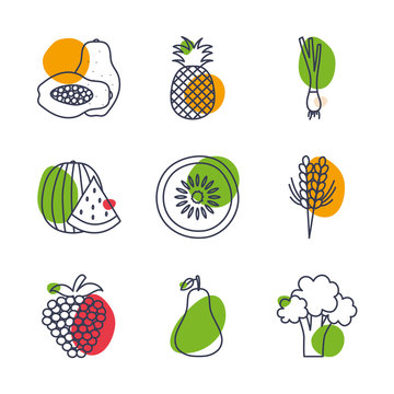 Fruits and vegetables line color style icon set vector design