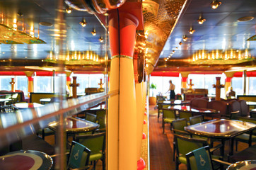 View into colorful buffet or self service restaurant on Italian Costa Cruises cruiseship or cruise...