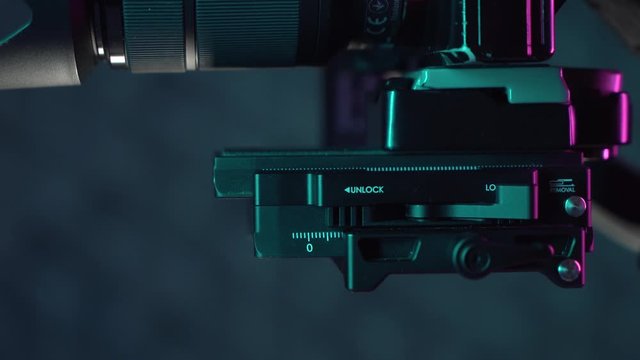 Close up footage of attached plate for gimbal. Camera is attached on gimbal with special plate.