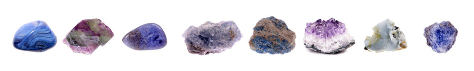 Collection of rock samples of minerals on an isolated white background