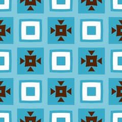 Obraz premium Seamless retro geometric pattern. Modern blue, white and brown background. Repeating stylish tiling