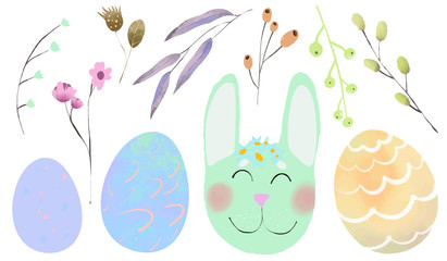 Set of Easter design elements. Eggs, floral, rabbit, flowers, branches.