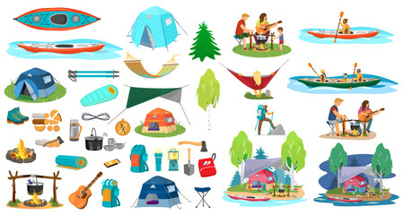 Fototapeta premium Big vector set of hiking equipment and people in a hike in flat catroon style. Camping elements. Family near camp fire, man kayaking, family kayaking, man climbing, woman in hammock.