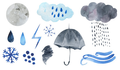 Cute weather icons. Forecast meteorology watercolor symbols.