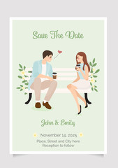 cute young wedding couple purpose in morning coffee time wedding invitation template layout eps10 vectors illustration