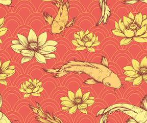 Seamless pattern with koi carps and lotuses in asian style