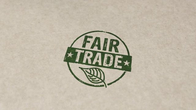 Fair Trade stamp and hand stamping impact animation. Ethical business, green trade, sustainable economy and environmental care 3D rendered concept.