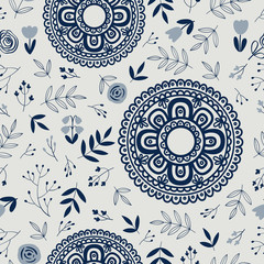 Pretty pattern with decorative flowers and leaves. Floral background for textile, fabric manufacturing, wallpaper, covers, surface, print, gift wrap, scrapbooking.