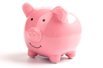 pink ceramic piggy Bank isolated on white background