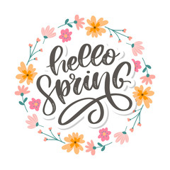 Hello Spring Flowers Text Background lettering slogan