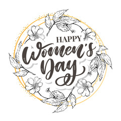 8 march. Happy Woman's Day Vector congratulation card with linear floral wreath