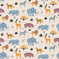 Cute seamless pattern with African wild animals - adorable hand drawn safari themed repeat pattern design © Vilmos