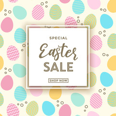 Easter sale banner background template with decorated eggs seamless pattern in the background