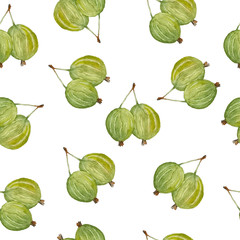 seamless watercolor hand drawn pattern with green yellow gooseberry berries organic intense bright vibrant colors healthy fresh tasty food vegan vegatarian vitamin on white isolated background