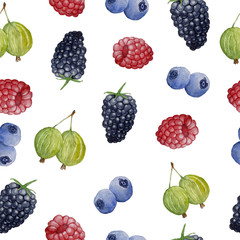 seamless watercolor hand drawn pattern with raspberry blueberry bilberry blackberry gooseberry berries organic intense bright vibrant colors healthy fresh tasty food vegan vegatarian vitamin