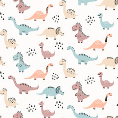 Cute dinosaur pattern - hand drawn childish dinosaur seamless pattern design