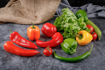 Mixed vegetables on a piece of burlap.