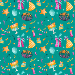 Digital art cute bright birthday seamless pattern with cake, confetti on a green background. Print for wrapping paper, cards, banners, web design, fabrics, gift bags and boxes.