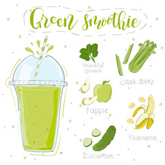 Green smoothie recipe. With illustration of ingredients. Doodle style