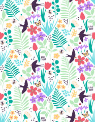 Spring flora and fauna seamless pattern design with plants, flowers, birds, and bees