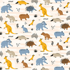 Australia wild animals seamless pattern background - cute kangaroo, koala, wombat, quokka, platypus, echidna,and tasmanian devil characters