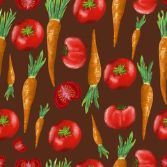 hand drawn legumes, carrots and tomatoes pattern on a dark brown background, seamless pattern, summer