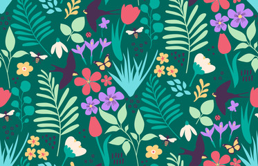 Fototapeta na wymiar Spring flora and fauna seamless pattern design with plants, flowers, birds, and bees