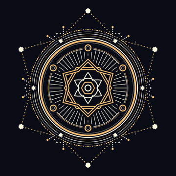 Abstract geometric illustration - Gold and white sacred or celestial elements on dark background