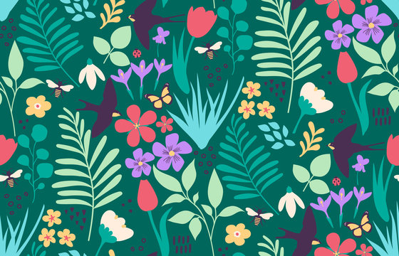 Spring flora and fauna seamless pattern design with plants, flowers, birds, and bees