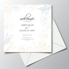 wedding invitation template design with luxury line art floral and leaves